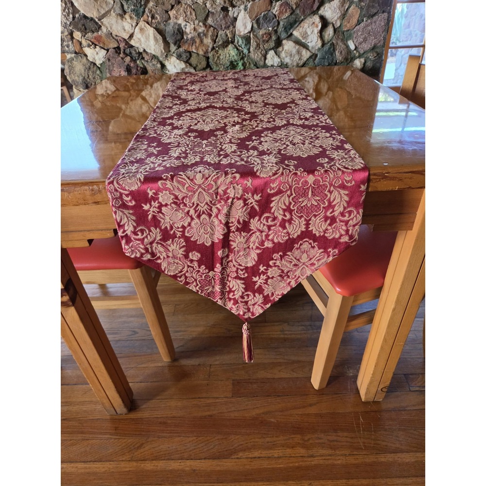 Waterford Linens crimson red and gold damask table runner 16x88 Tassel Christmas